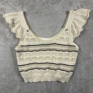 Freshman 1996 Women Cream Striped Pointelle Knit Ruffle Sleeve Crop Top M Boho
